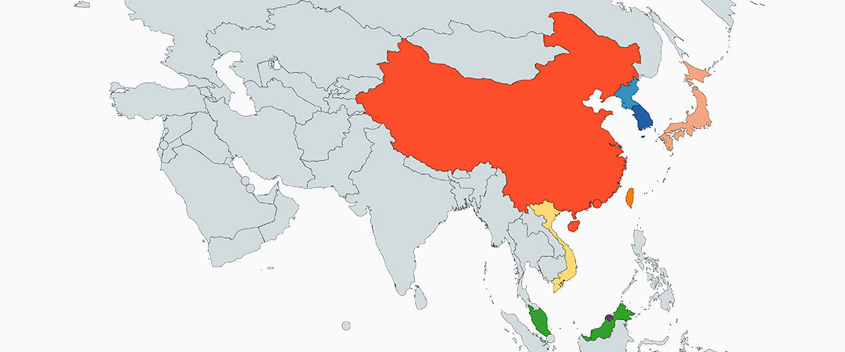 Carte des pays d'Asie utilisant des baguettes