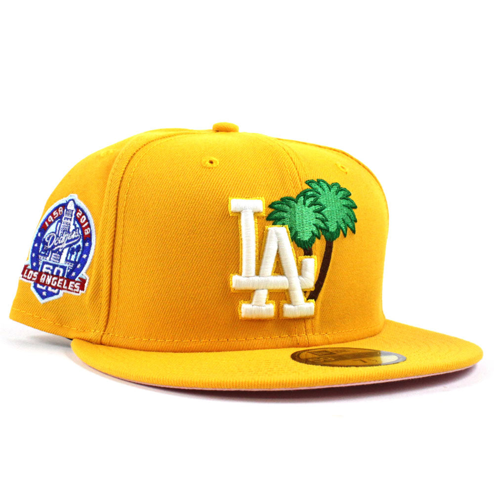 Palm Tree Los Angeles Dodgers 60th Anniversary New Era 59fifty Fitted Hat Yellow Glow In The Dark Pink Under Brim Ai La Pink Underbrim Fitteds Ai Custom Dodgers 5950 Pink Bottom Caps