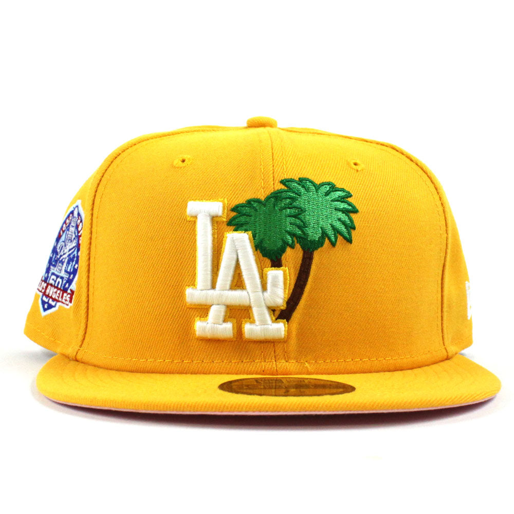 Palm Tree Los Angeles Dodgers 60th Anniversary New Era 59fifty Fitted Hat Yellow Glow In The Dark Pink Under Brim Ai La Pink Underbrim Fitteds Ai Custom Dodgers 5950 Pink Bottom Caps