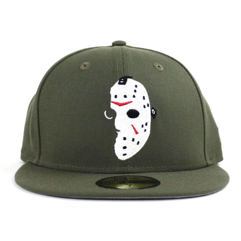 Friday The 13th Jason Head New Era 59fifty Fitted Hat Olive Gray Under Brim Grey Bottom Fitteds Ai Custom 59fifty Caps Ecapcity