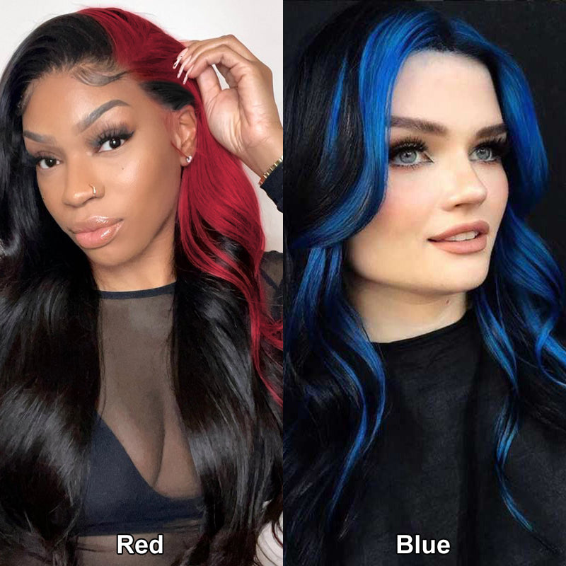 Cherry Red /Blue Skunk Stripe Straight Transparent Lace Front Human Ha –  Bling Hair