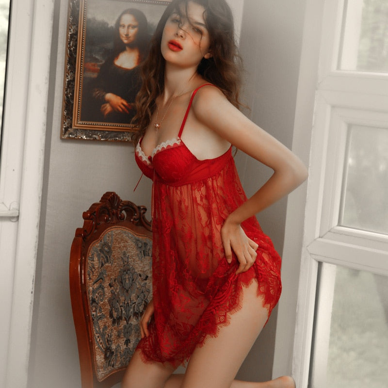 Red transparent lace sexy wife lingerie with chest