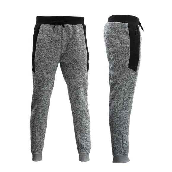 Men's Cuffed Fleece Track Pants w Black Zip Pockets - Light Grey Marle ...