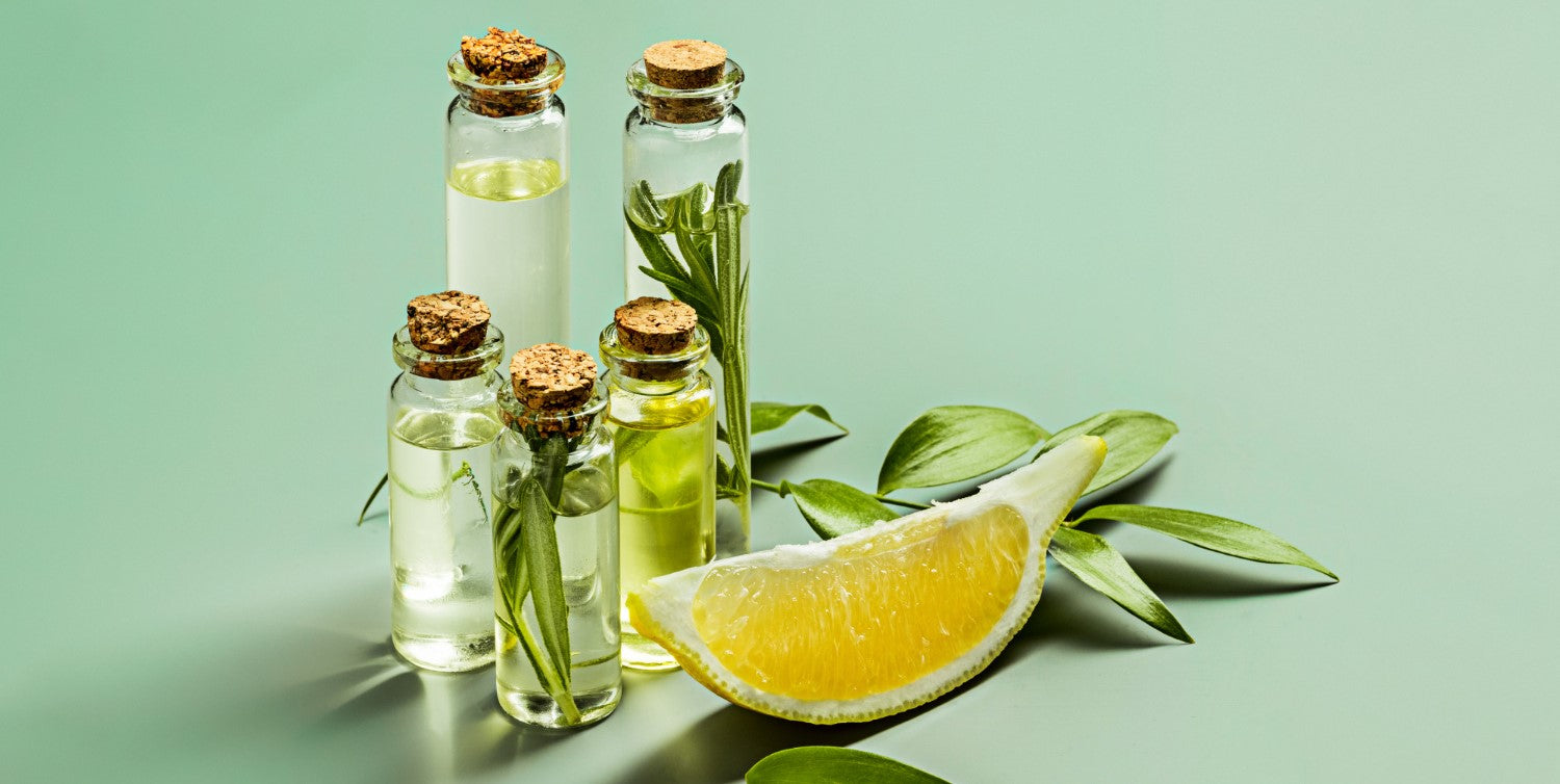 Lemon essential oil on a table