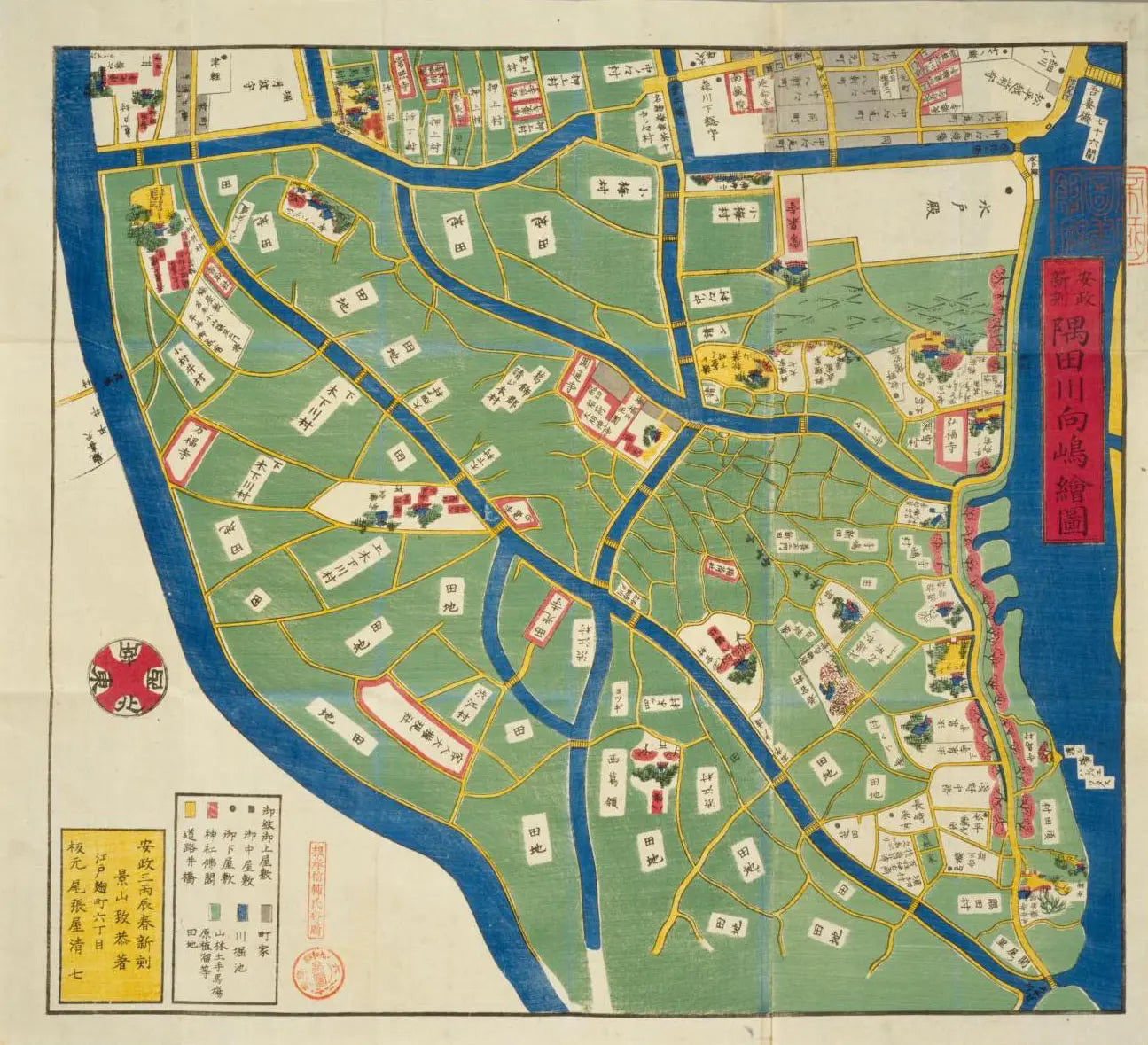 Ancient map of Mukojima showing records of "Mimeguri Inari Shrine" and other places