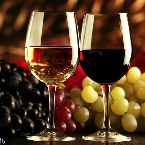 Wine white vs red wine with grapes in background