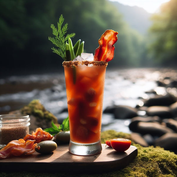 Bloody Mary Moonshine Cocktail with murder Creek in the background
