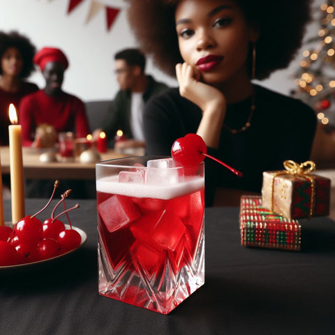 dirty shirley cocktail with cherry on the rim at a table with kwanzaa decor and a Black woman resting her chin on her hand