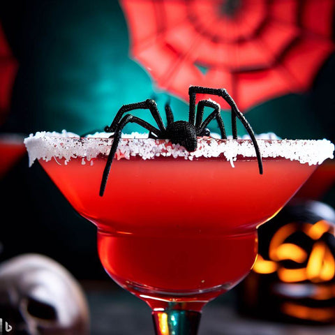 bloody red margarita halloween tequila cocktail with salted rim and spider on top