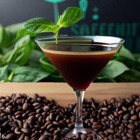 espresso martini with mint leaf garnish, sitting on a pile of coffee beans