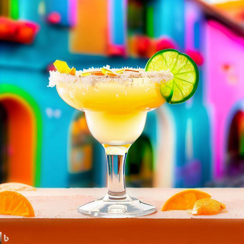 Casa D'Aristi Kalani Coconut Cocktail in a margarita glass with a colorful Mexican background