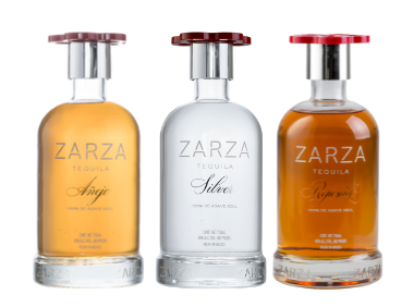 zarza tequila bottles in a row; reposado, silver, and anejo tequila