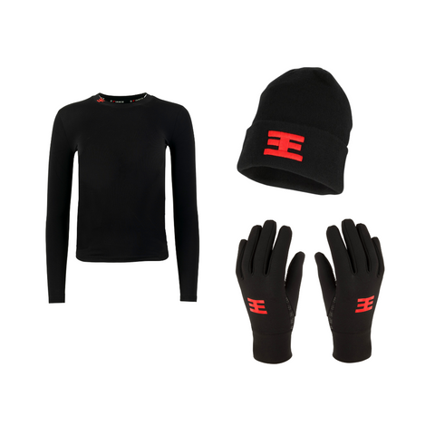 Defiance clothing kids beanie, base layer and outfield gloves