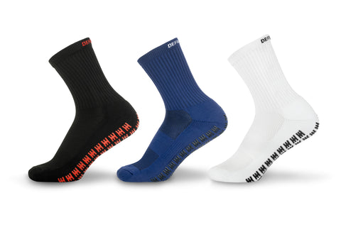 3 defiance grip socks, black, blue & white
