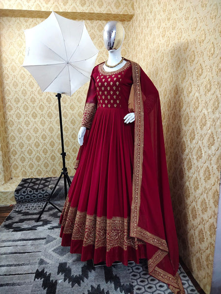 Embroidered Maroon Georgette Gown For Women