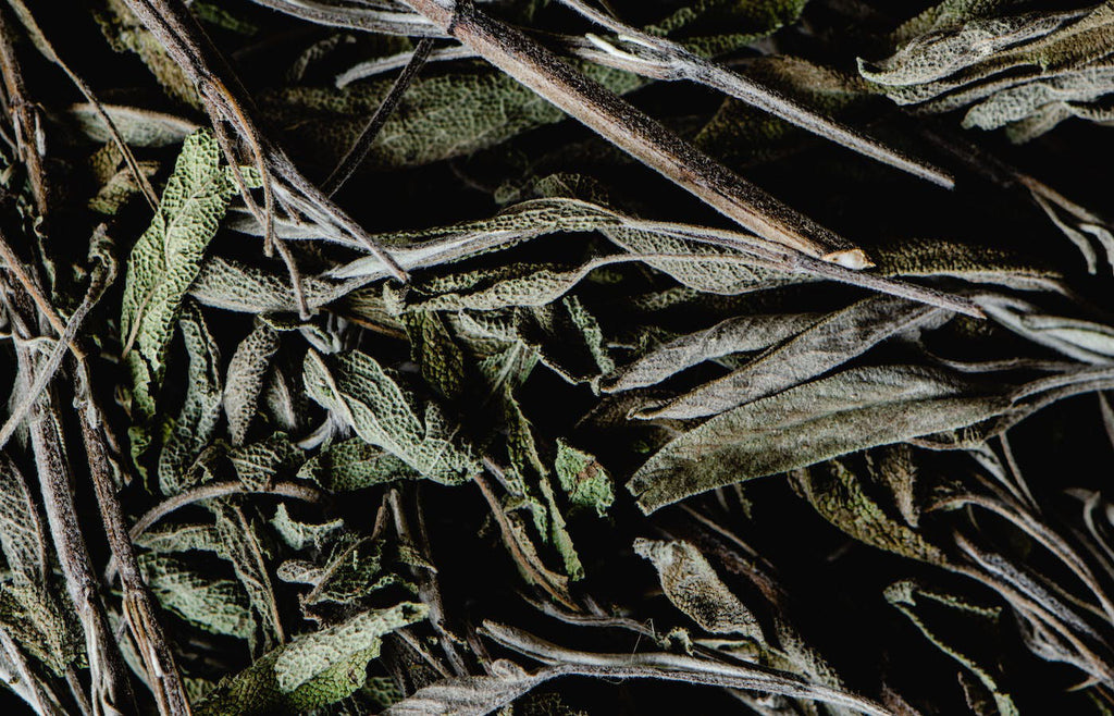 A pile of dried sage leaves