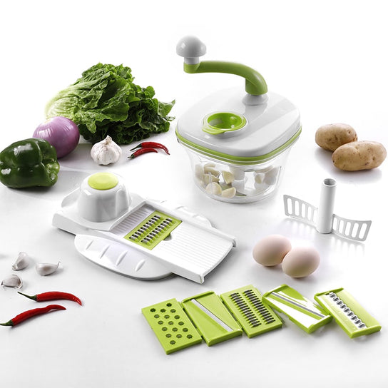 Game-of-chopper-and-cutter-10-in-1-bronkitchen ©, cutter-of-vegetable-mandolin-de-vegetable-multifunctional, kitchen-slicer-10-blade, separator-egg-for-tomato , potato, eggplant, cheese, slicer, grater, crusher, cutter-vegetable-with-blade-rotating, cutter-spiral potatoes, noodles, utensils-de-cooking, bronmart-spain