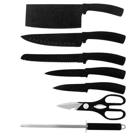 Set of knives with 8 -piece acrylic support - Black marble | Bronkitchen ©, Bronmart, is, fr, nl, be, it, co.uk