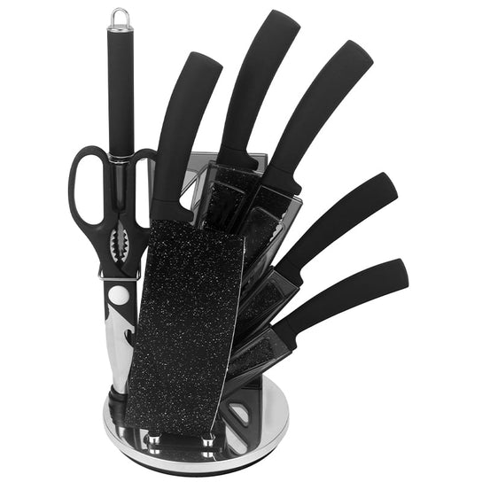 Set of knives with 8 -piece acrylic support - Black marble | Bronkitchen © -opinions, Bronmart, is, fr, nl, be, it, co.uk
