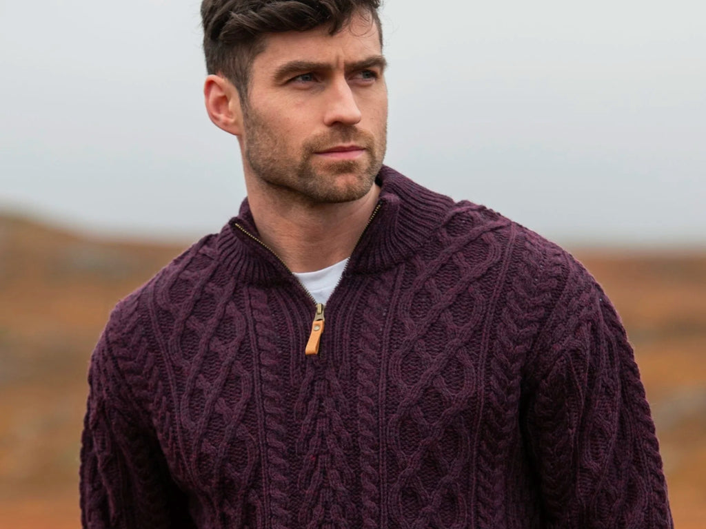 Aran Crafts Men's Half Zip Sweater | Damson