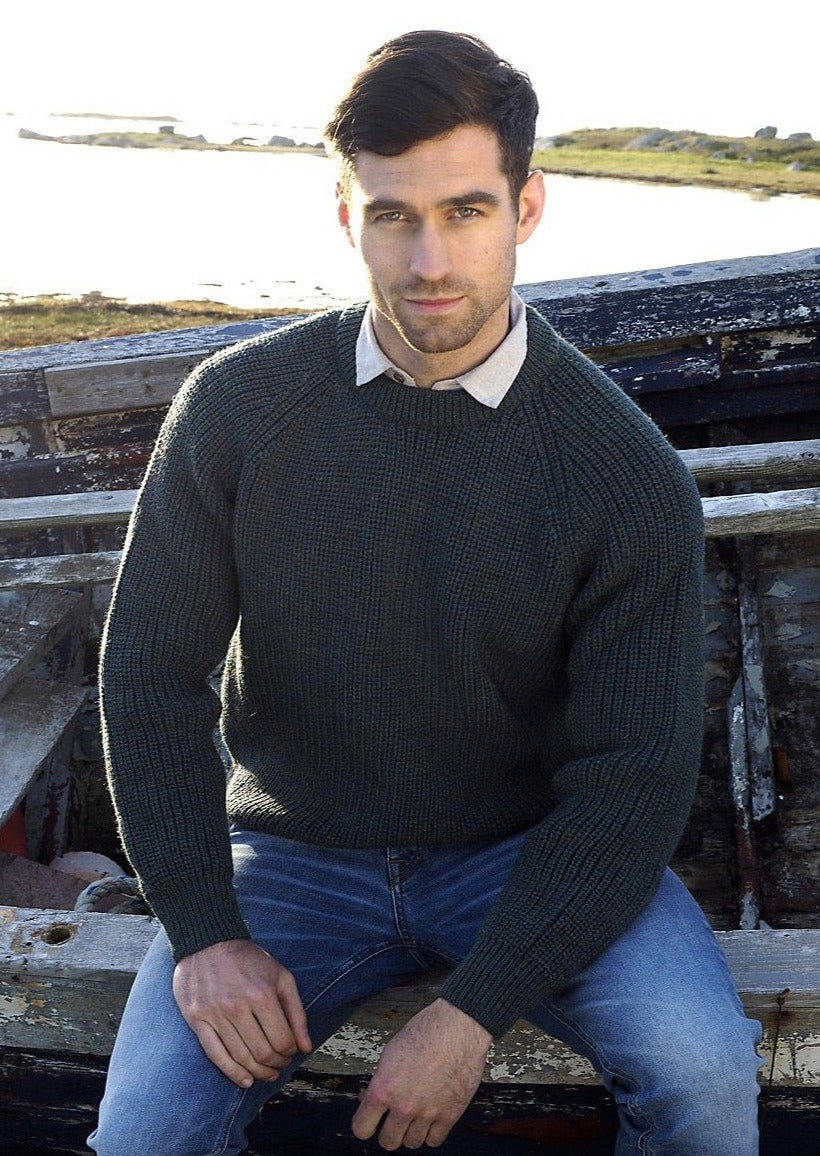 Donegal Fisherman's Rib Crew Neck Sweater - Sage Green by Irish Inspiration