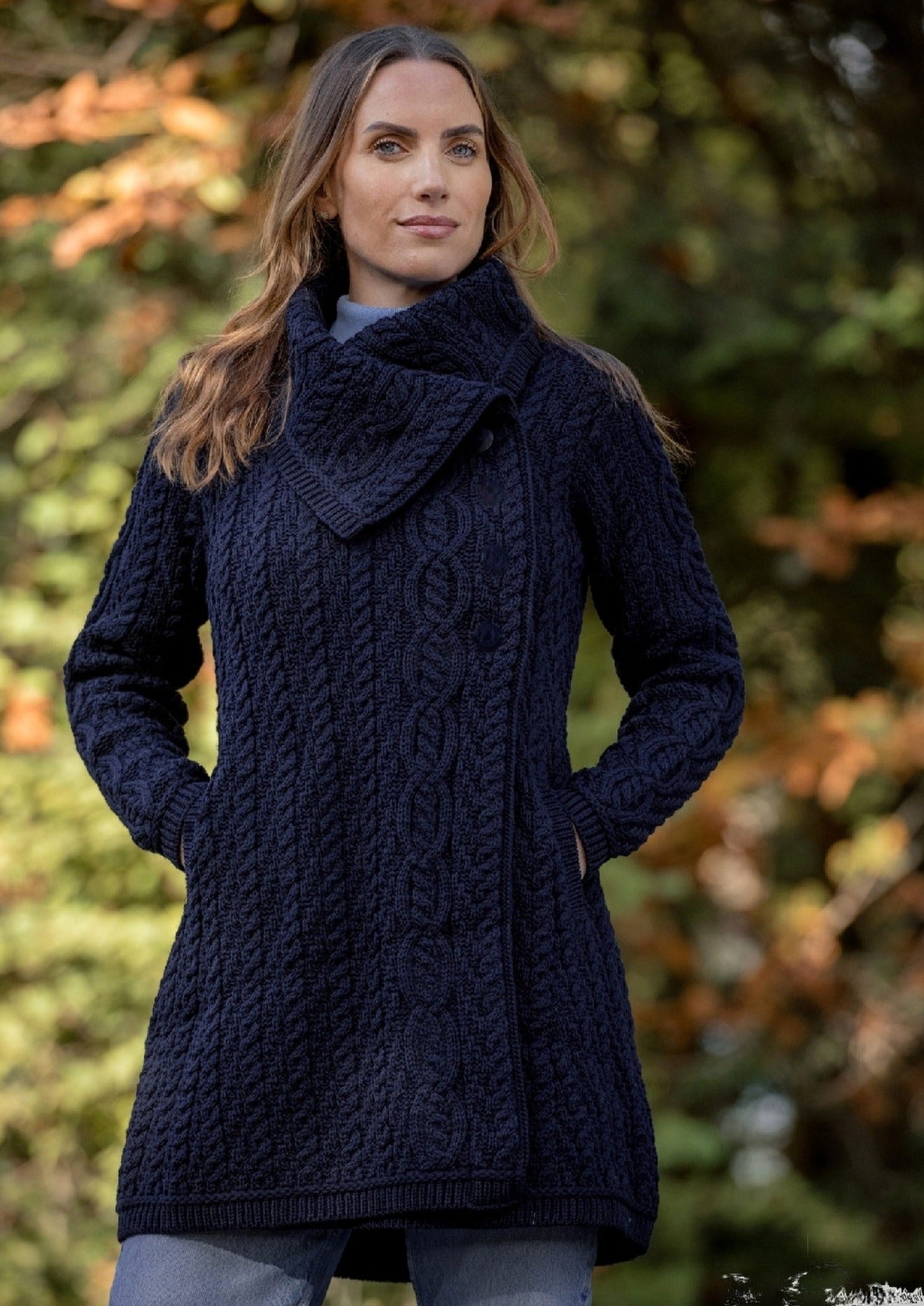 Wool Hooded Wrap Coat, Navy - Norwegian Wool