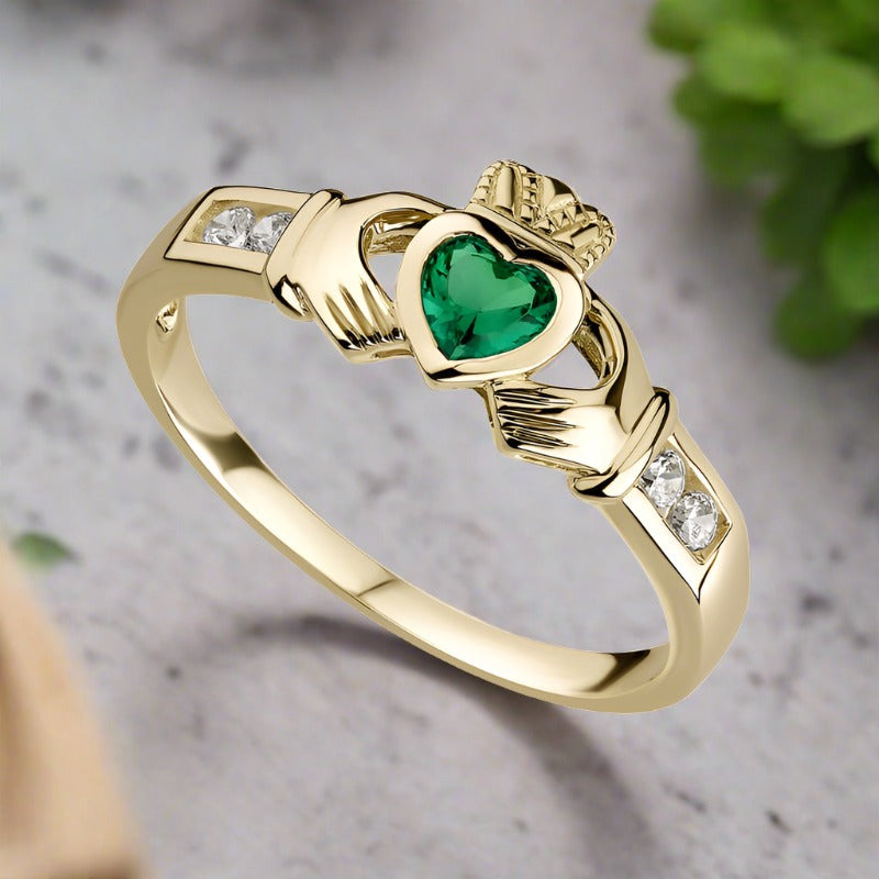 Color Merchants 10k Yellow Gold Oval Emerald And Diamond Three Stone Ring  RM2521-05 - Bella Jule Fine Jewelry