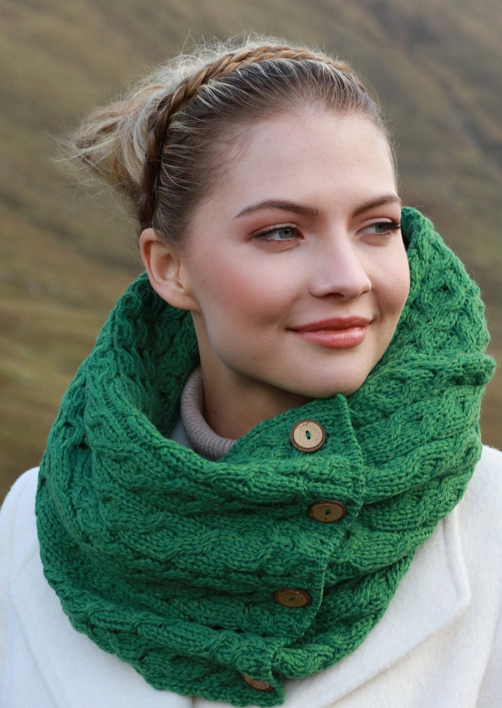 Aran Green Merino Wool Button Snood Scarf | Skellig Gift Store