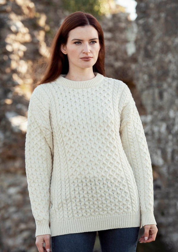 Ladies White Aran Turtle Neck Irish Sweater R2080 - Skellig Gift Store