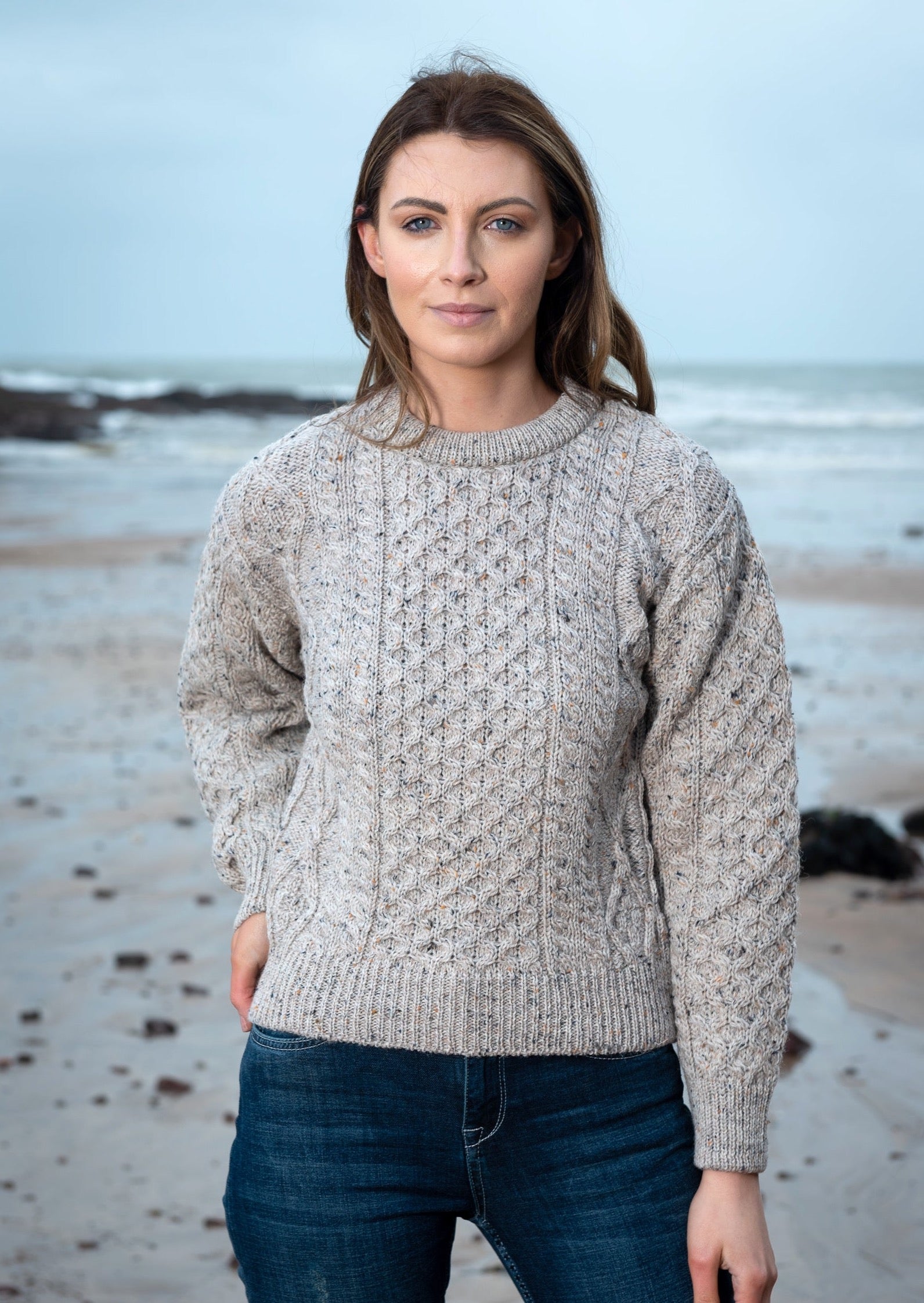 Buy Traditional Aran Sweater 100% Pure New Wool Oatmeal