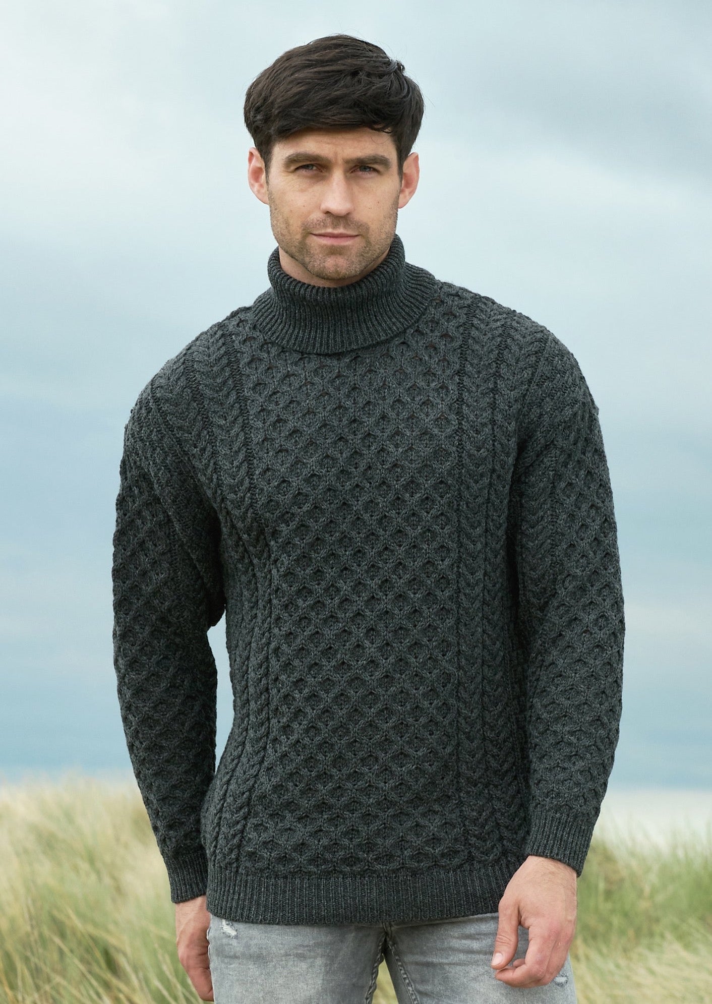 Aran Merino Polo Neck Sweater - Charcoal