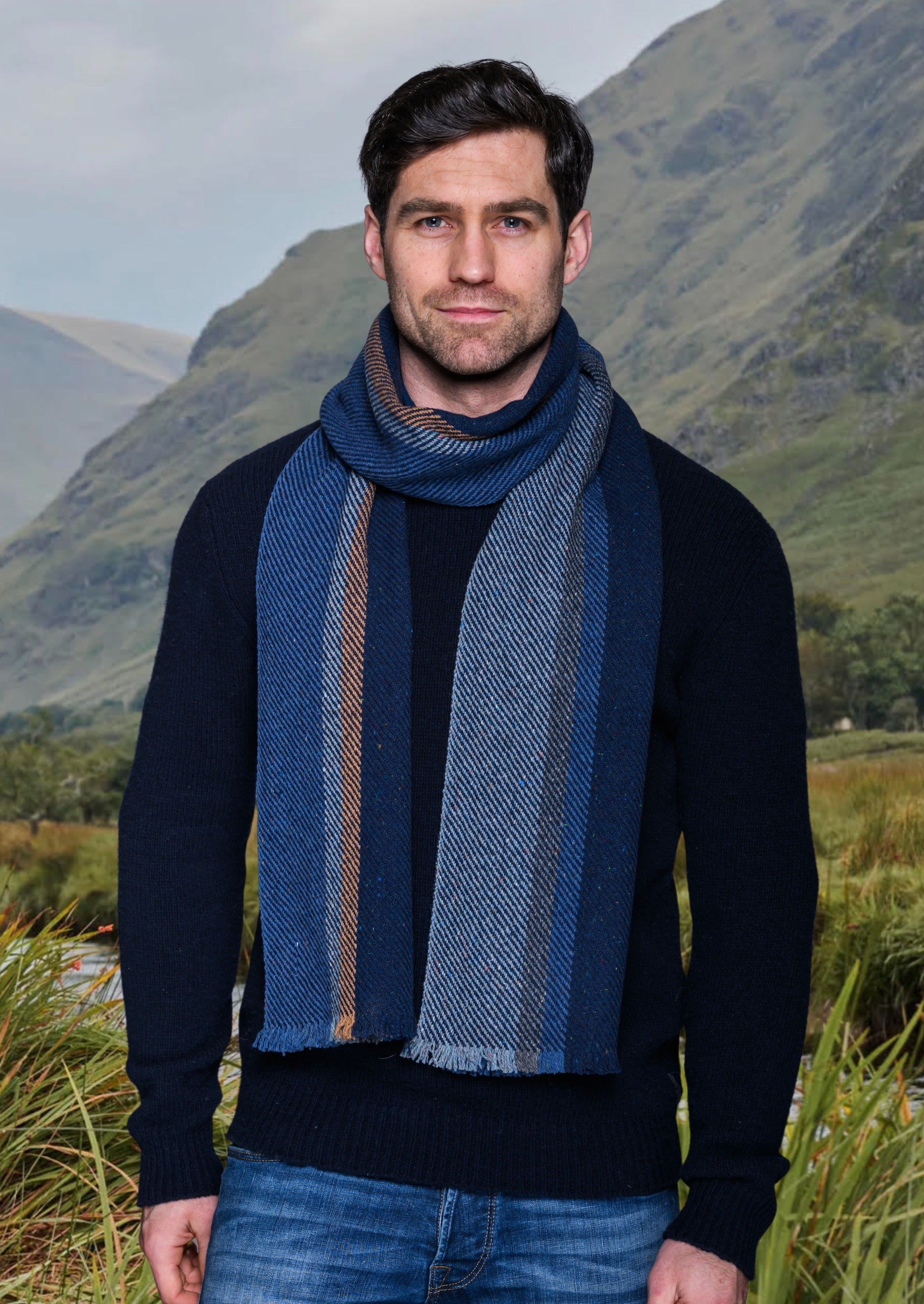 Mucros Weavers Soft Donegal Men's Tweed Scarf - Gray and Blue Herringbone