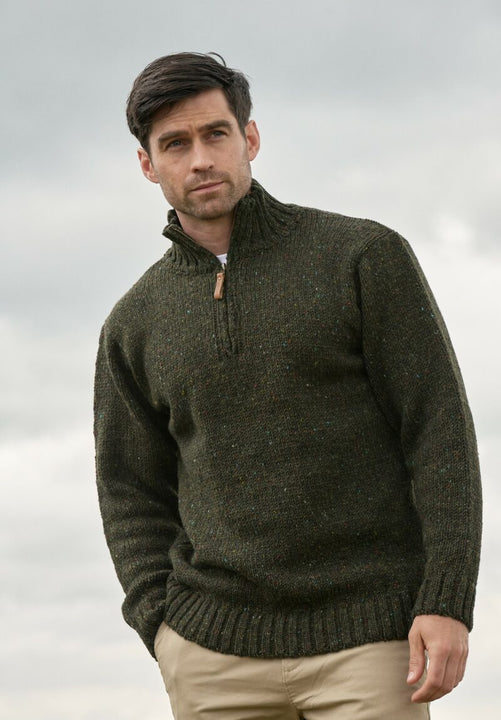Donegal Wool Mens Half Zip Green Sweater | Skellig Gift Store