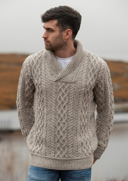 Aran Crafts Bunratty Oatmeal Collar Sweater | Skellig Gift Store