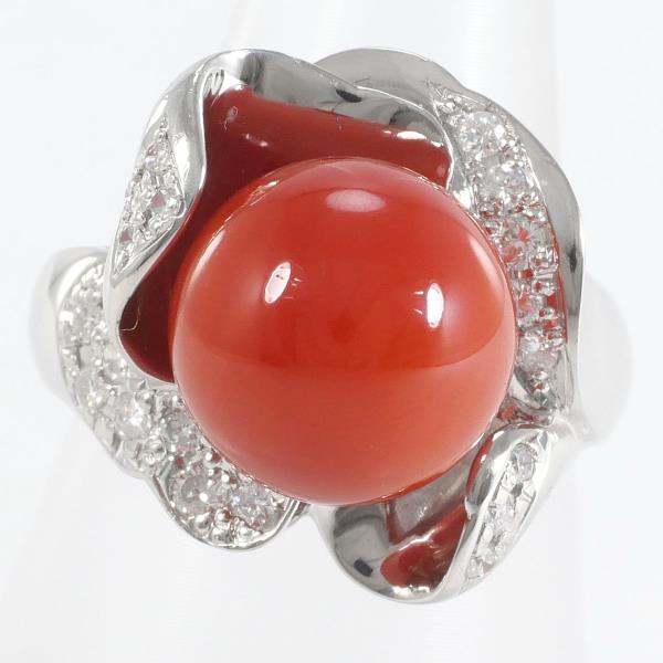 image of PT900 Platinum Ring with Coral and Diamond in Excellent Condition