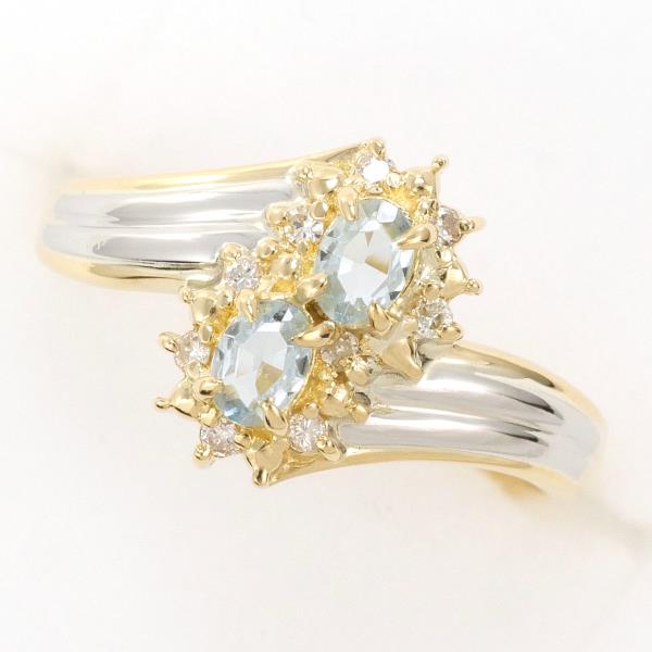 image of PT900 Platinum K18 Yellow Gold Aquamarine Diamond Ring Size 8 in Great Condition