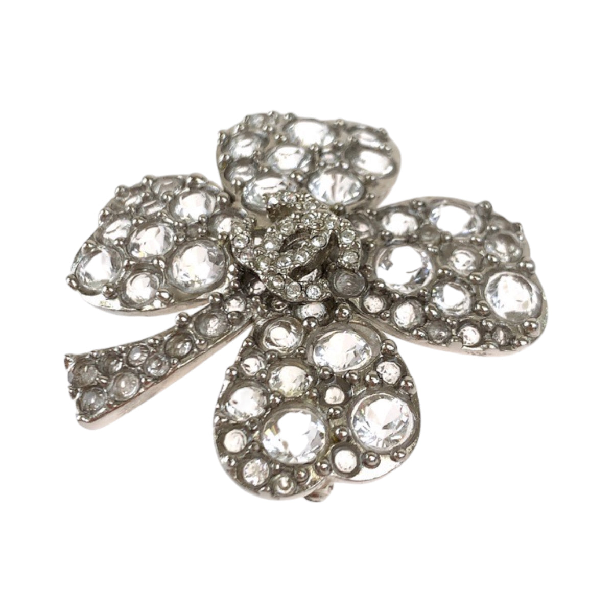 image of Chanel Silver Metal Rhinestone Clover Brooch in Great Condition