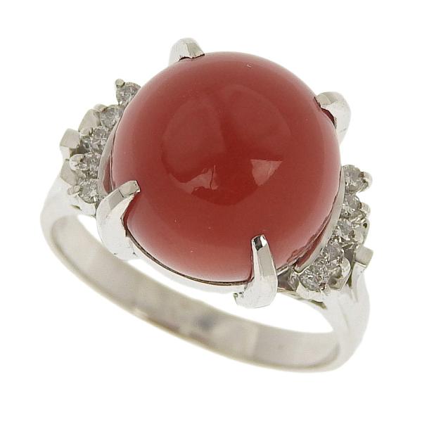 image of Natural Coral Ring, Pt900, Coral 11mm, Pave Diamond 0.11ct, Size 11.5, Platinum, For Women, Pre-own