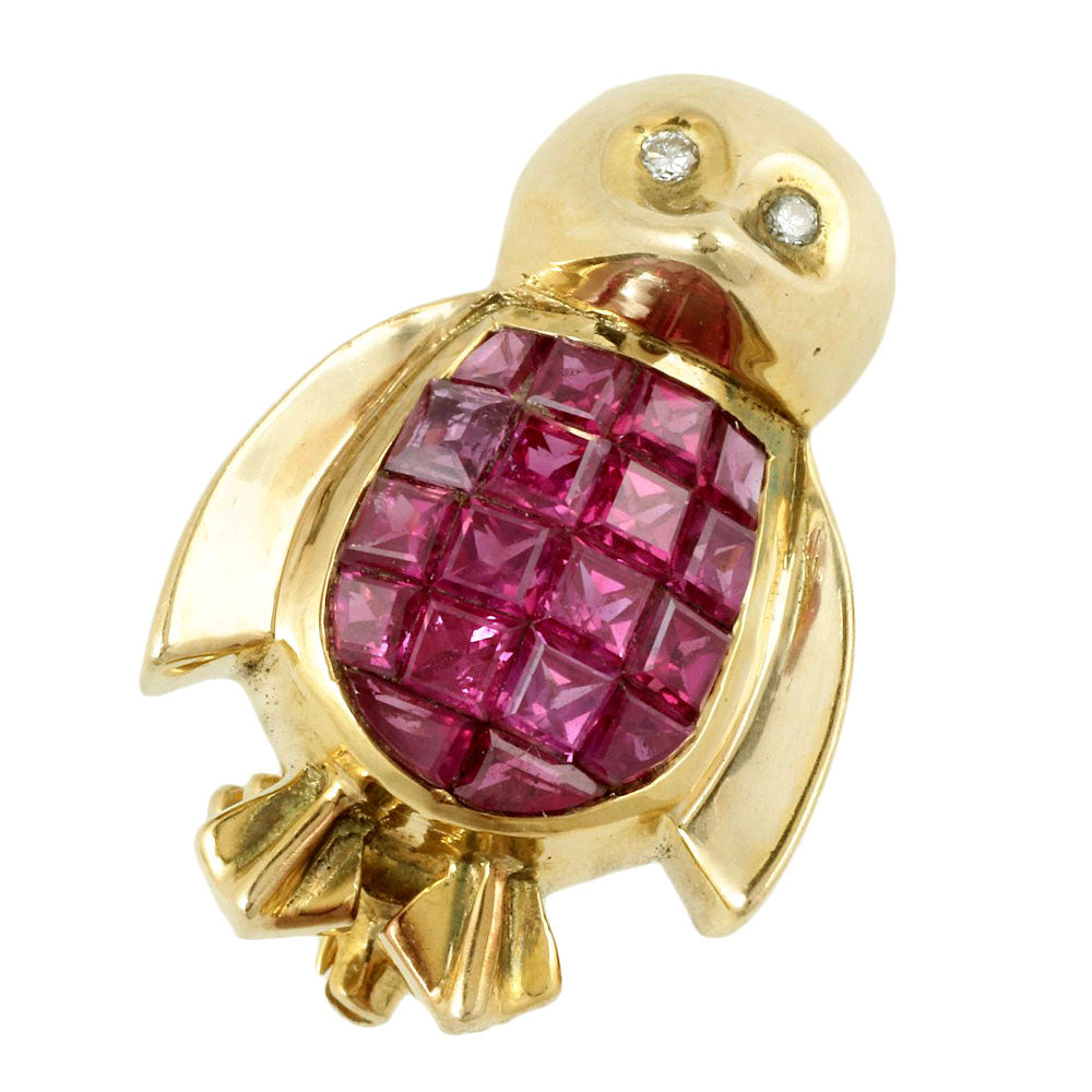 image of K18YG Ruby Brooch with Diamonds, Penguin Design in Excellent Condition