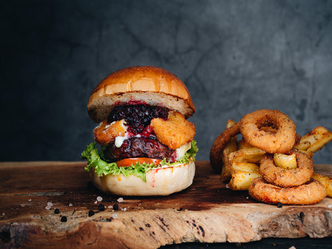 reindeer burger with a side of onion rings