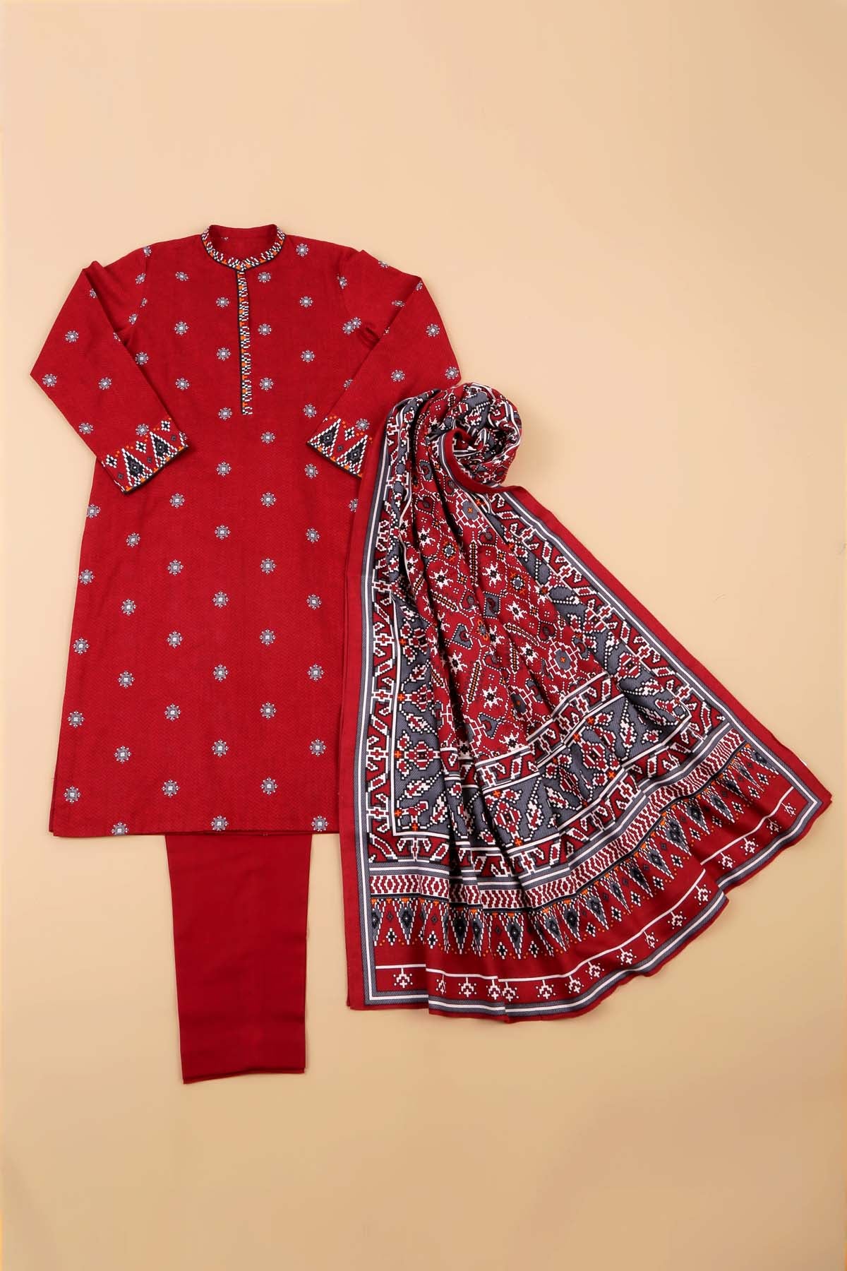 Printed and Embroidered 3 Pcs Suit with Wool Shawl