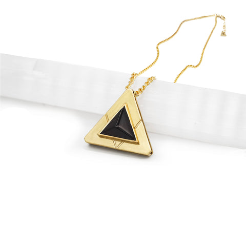 Stellar Gold Black Onyx Necklace. Curb Chain Triangle Statement Jewelry.