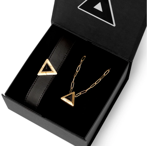 Luxury Match your pet gift box! Gold black onyx tri infinity necklace for you and a Jet Onyx Triangle Collar Charm Set for your dog or cat!