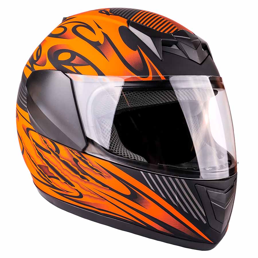 orange full face motorcycle helmet