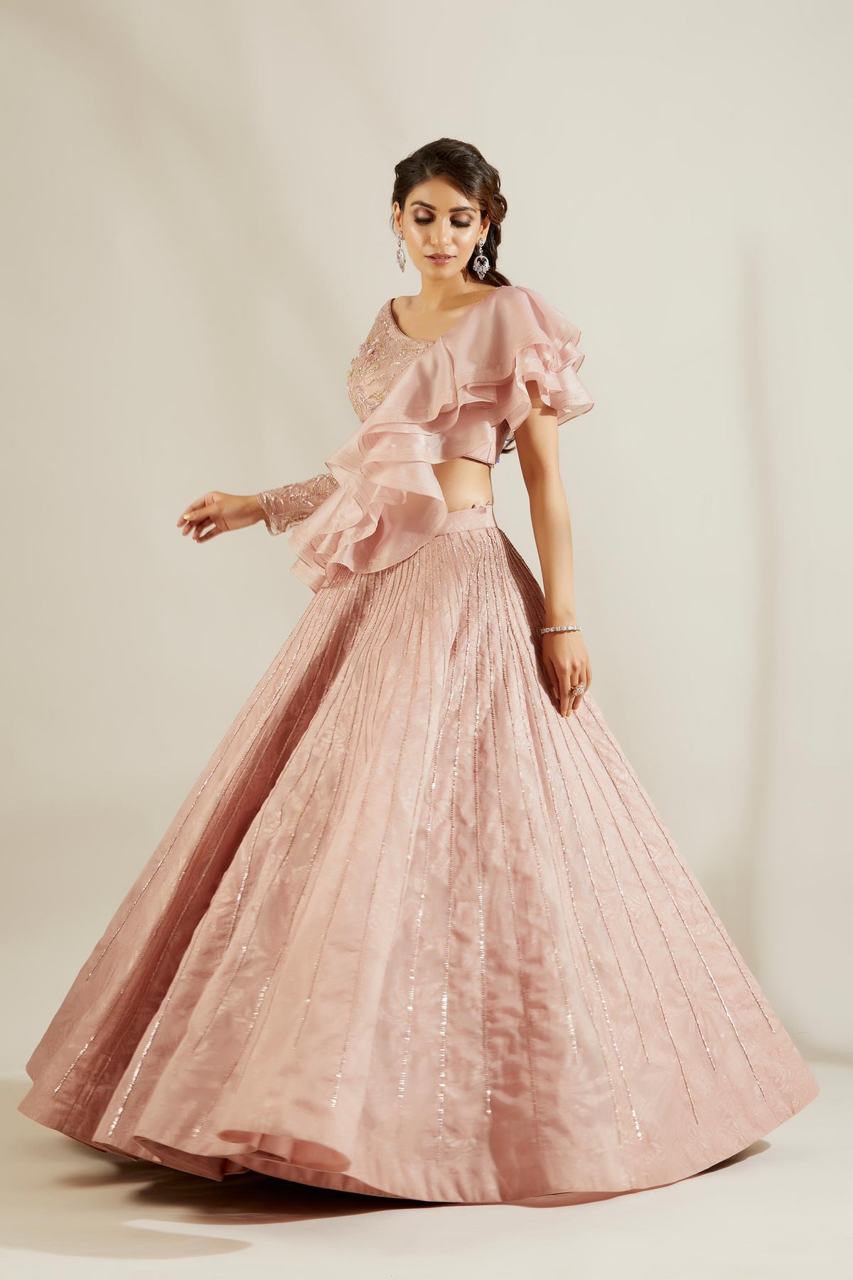 Pink Kalidar ruffle lehenga and one side panel blouse – Srota