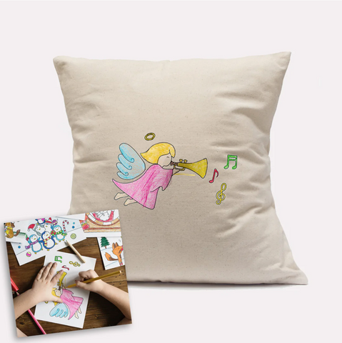 kids artwork printed on natural pillow