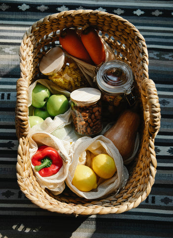 Sustainable way to wrap presents with a gift basket.