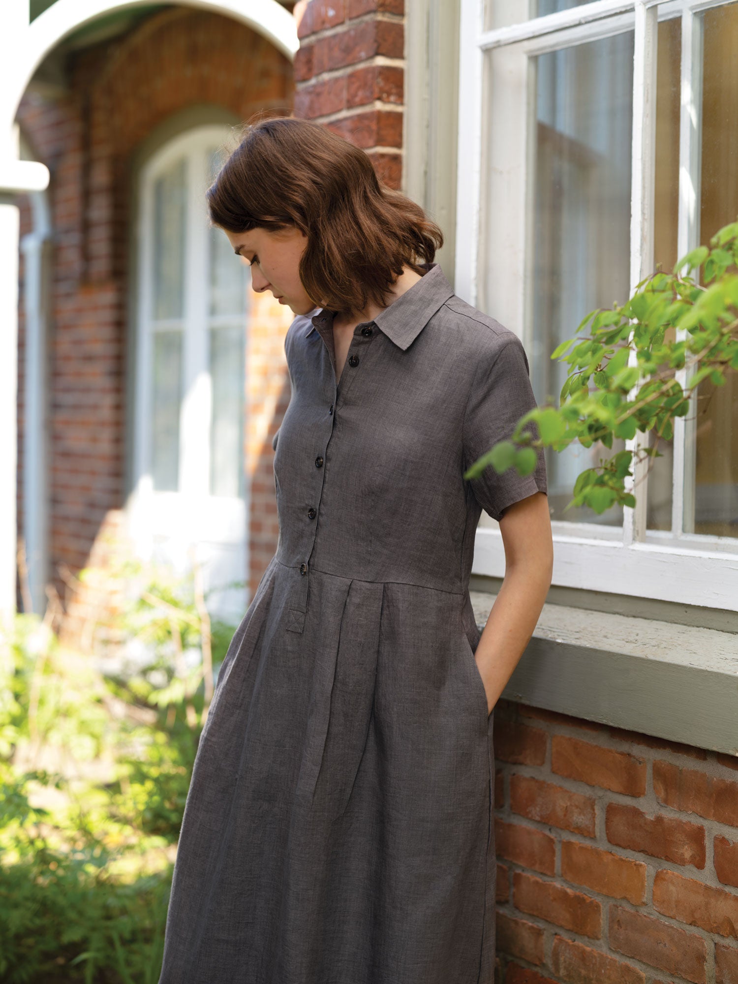 Pskov linen underdress with gathered neckline and cutouts on both sides