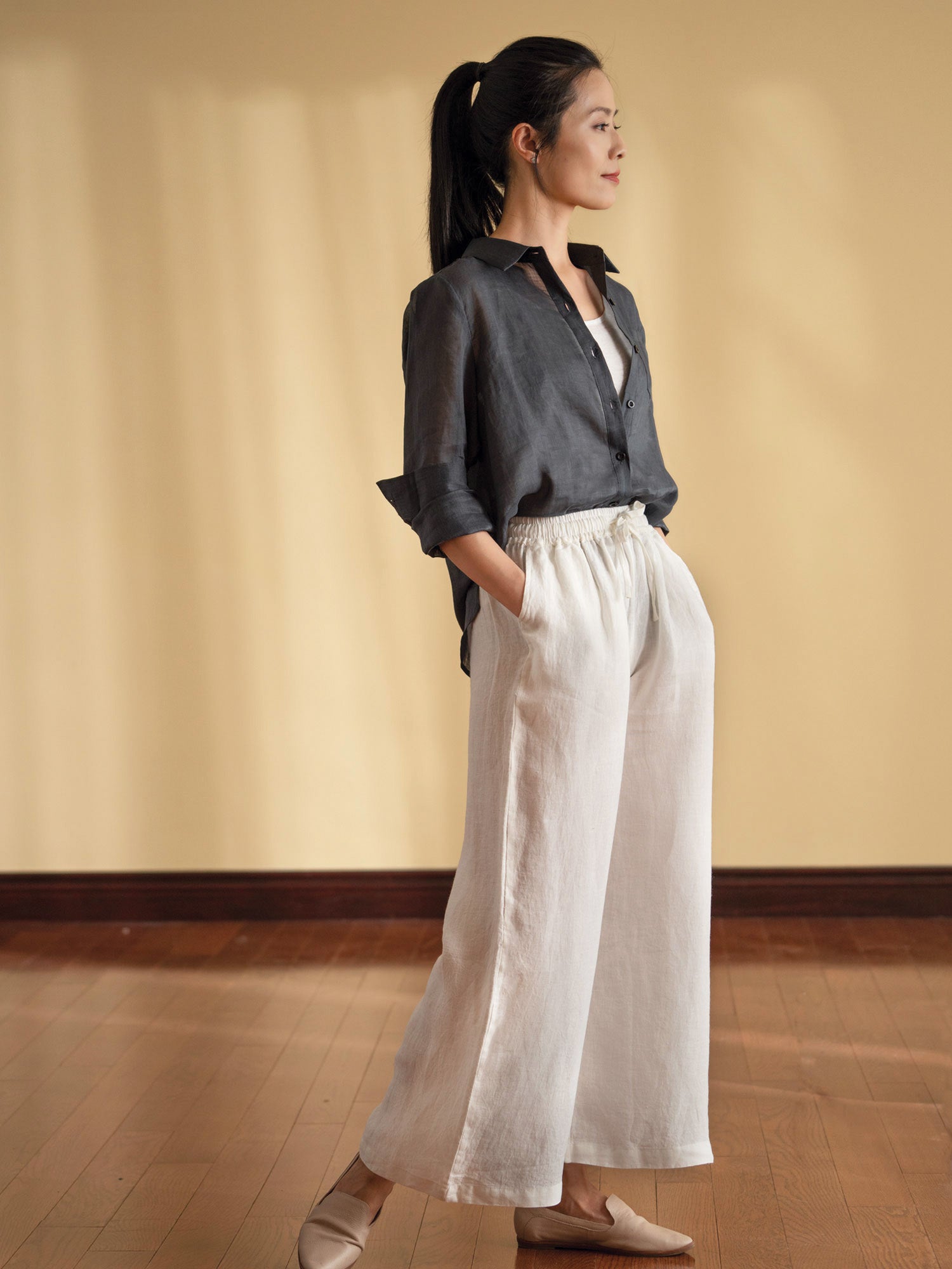 Wide-Leg Organic Linen Pants - Navy Blue - Magnifissance Store