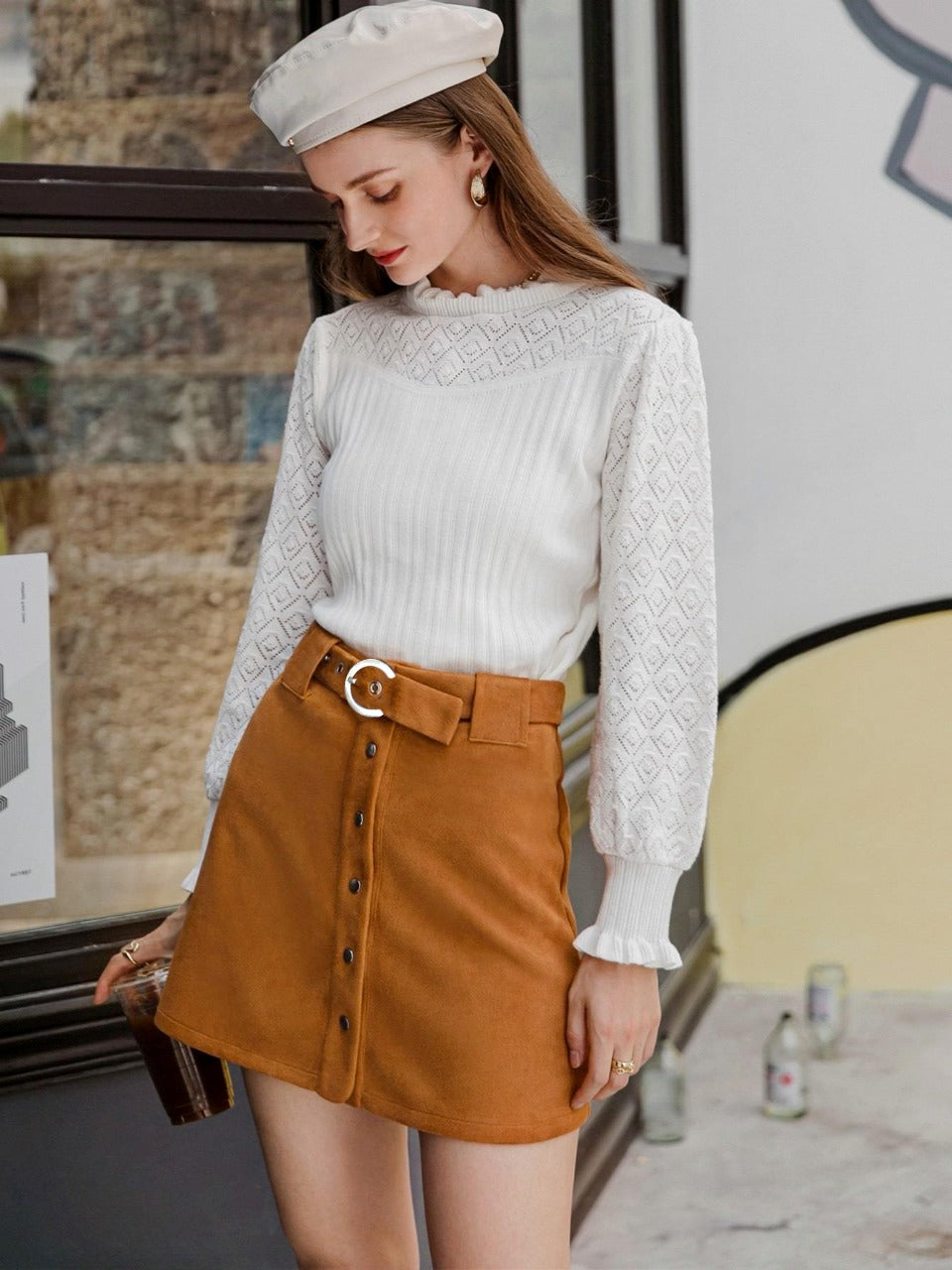 Parien Simple Button Front Belted Suede Skirt
